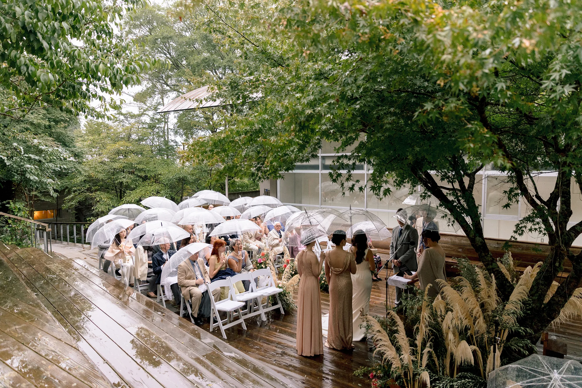 Guests under clear umbrellas watch a rainy ceremony on a wooden deck among the trees in Hakone.