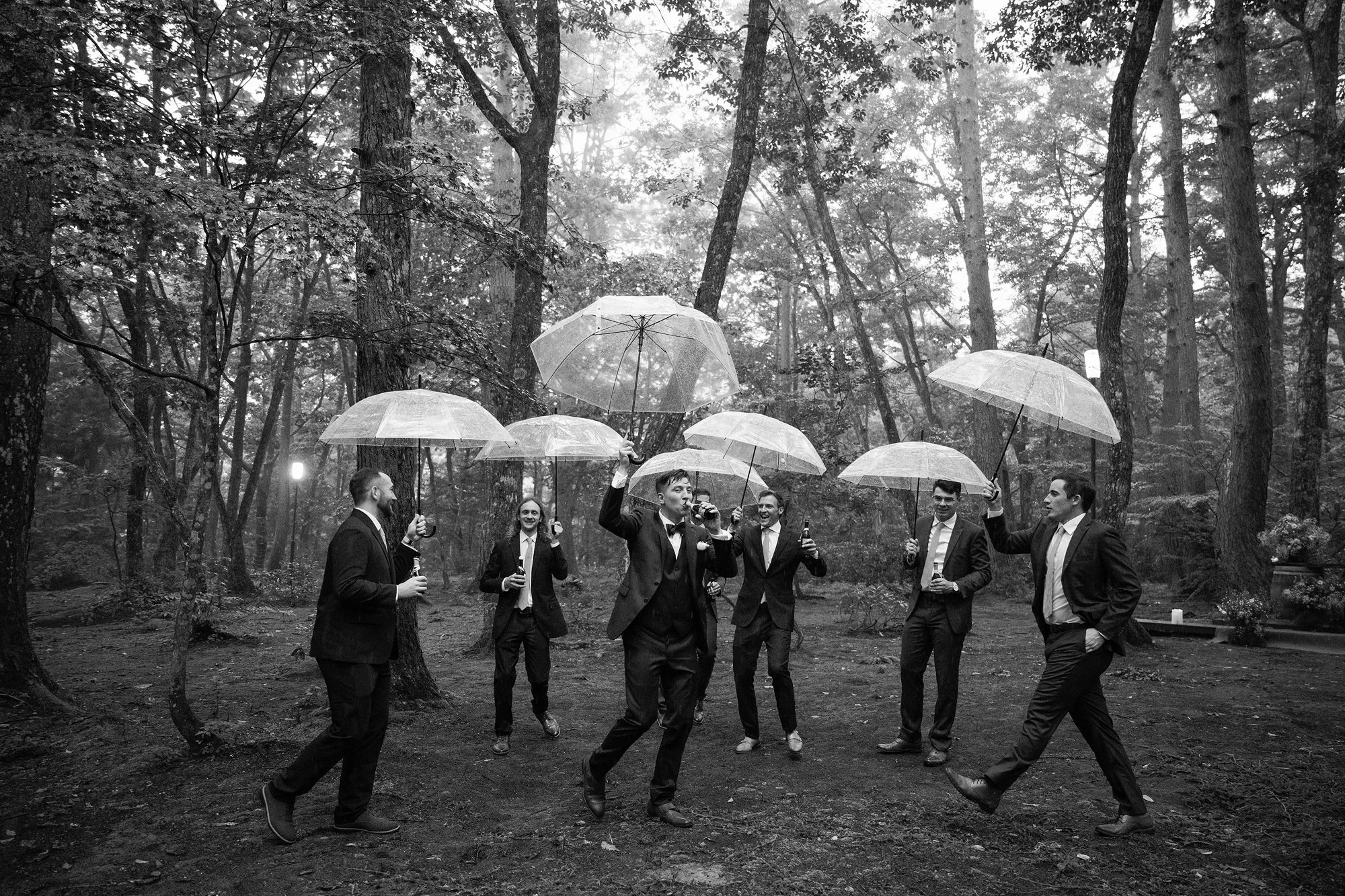 In black and white, the groomsmen stride through a misty forest under clear umbrellas, drinks raised, in Hakuba.