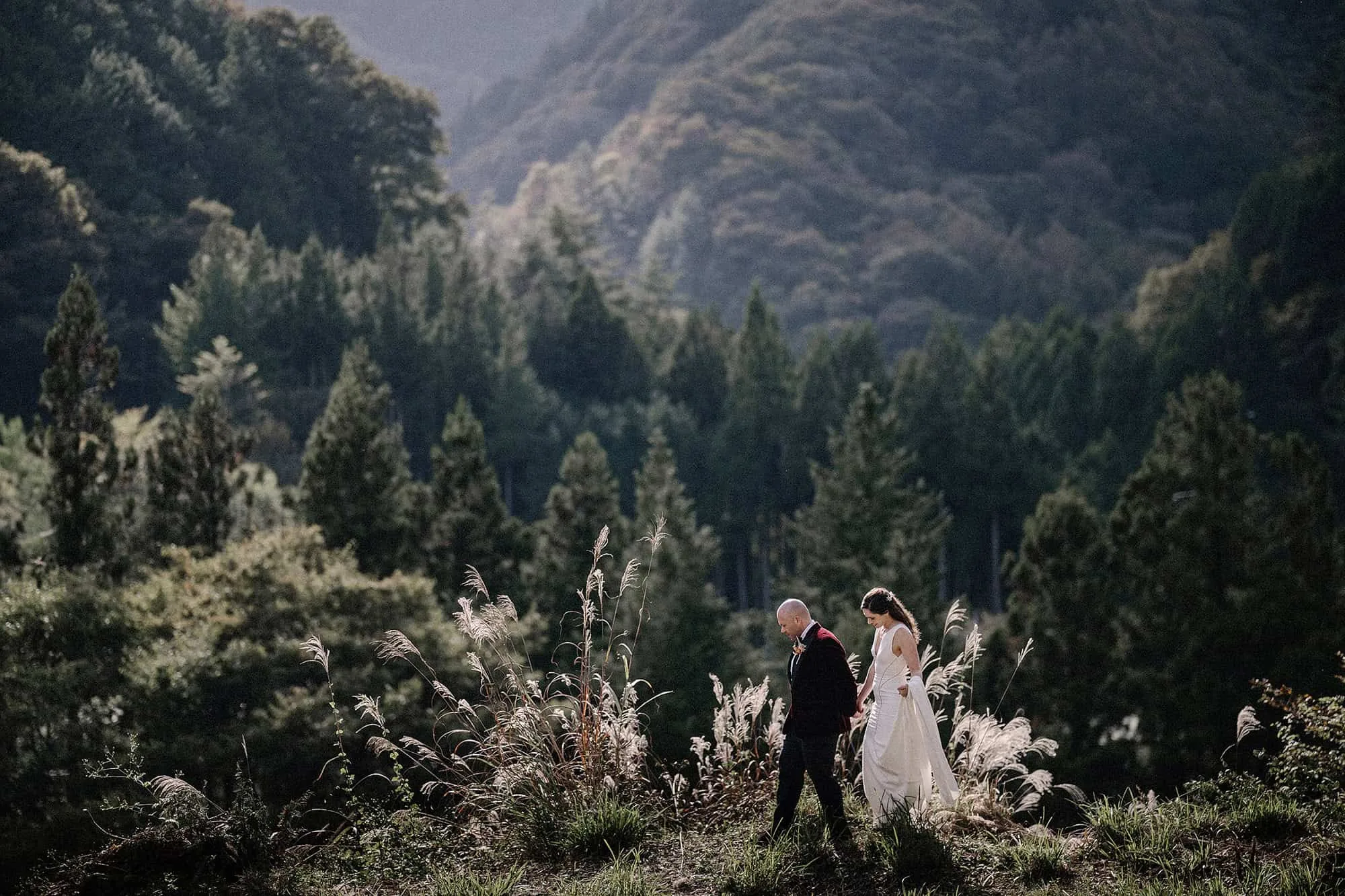 The bride and groom walk hand in hand through pampas grass below the sunlit forested ridges of Kosuge, Yamanashi, at their Nipponia Kosuge wedding.