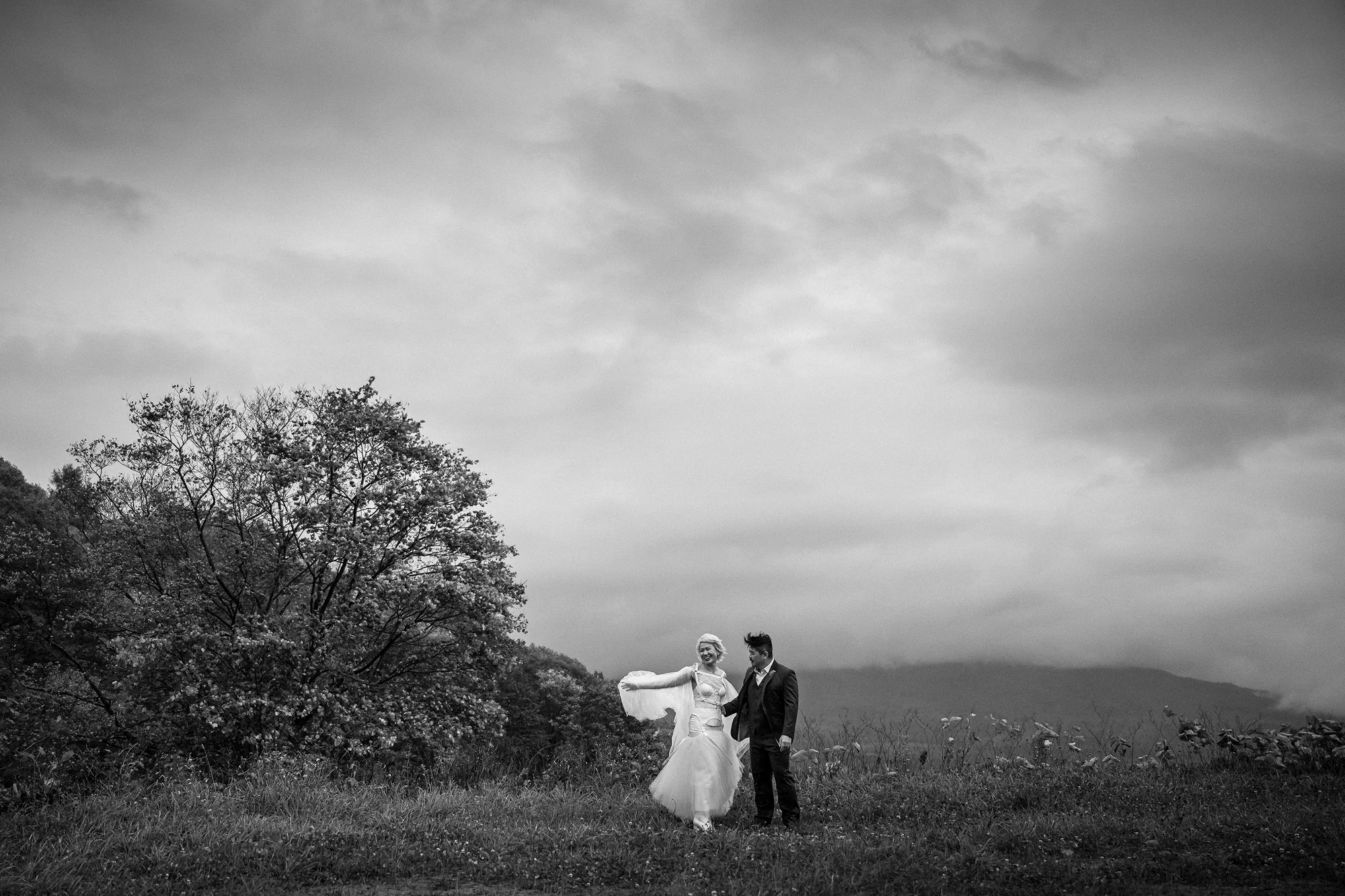 In black and white, the couple small in an open field under a stormy sky, her cape caught by the wind.