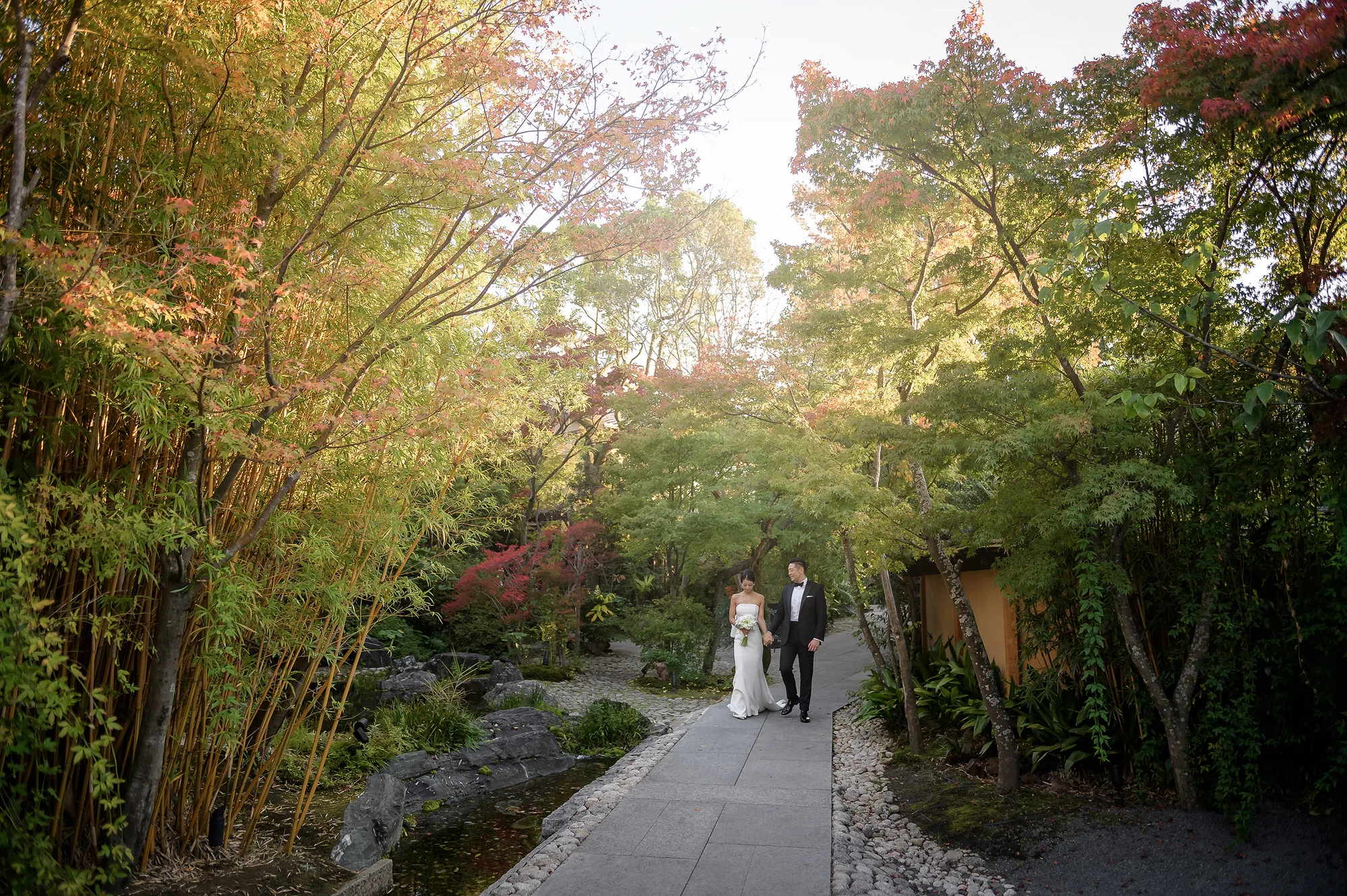 The couple stand at the end of a garden path lined with bamboo and autumn maples in Kyoto.