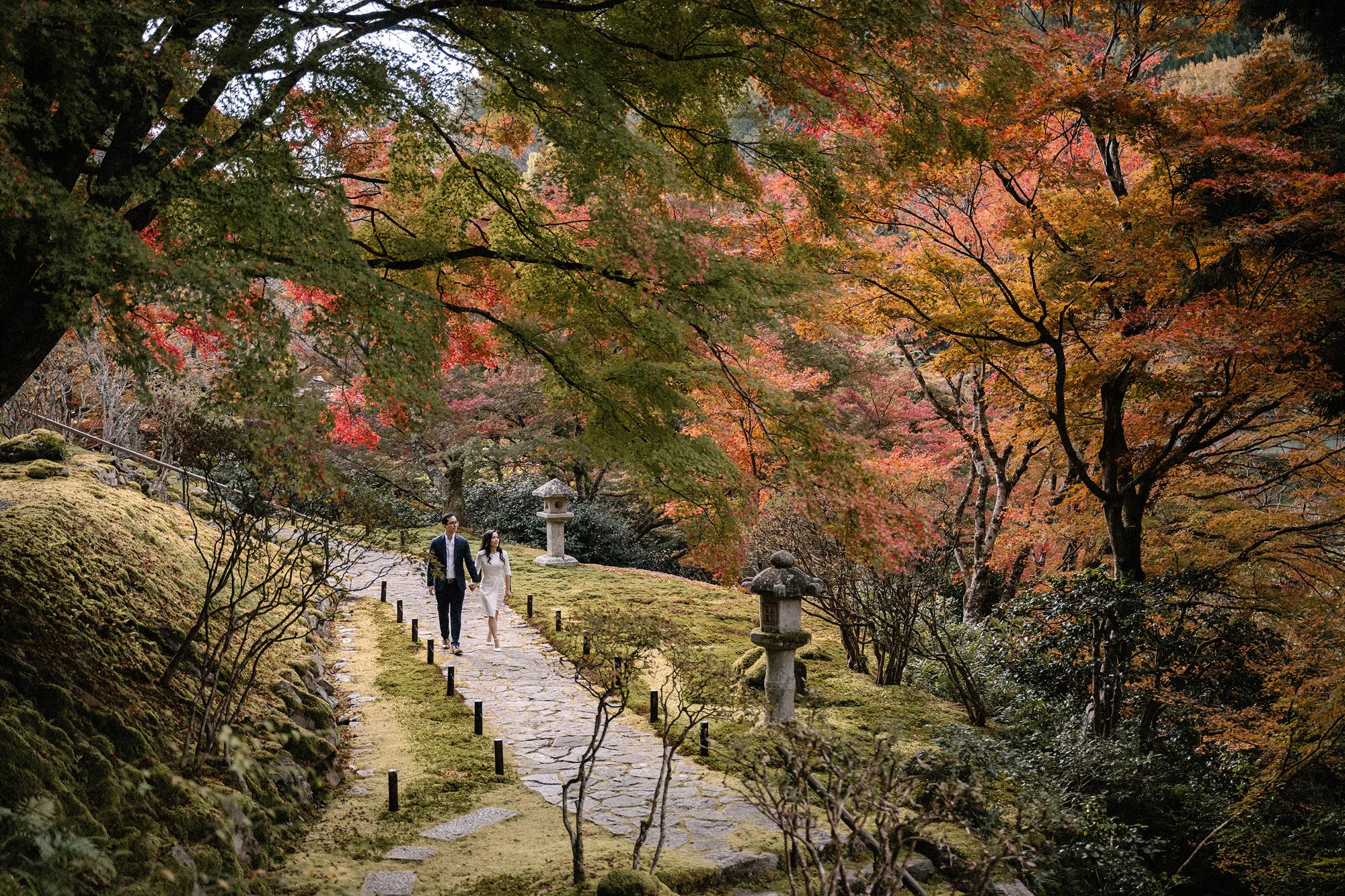A couple walk a stone path through a Kyoto moss garden under autumn maples.