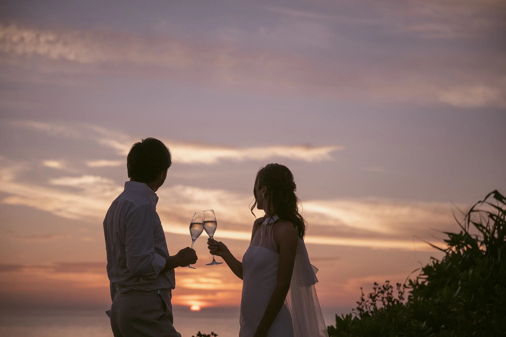 The couple raise glasses in silhouette against a pink and gold sunset over the sea.