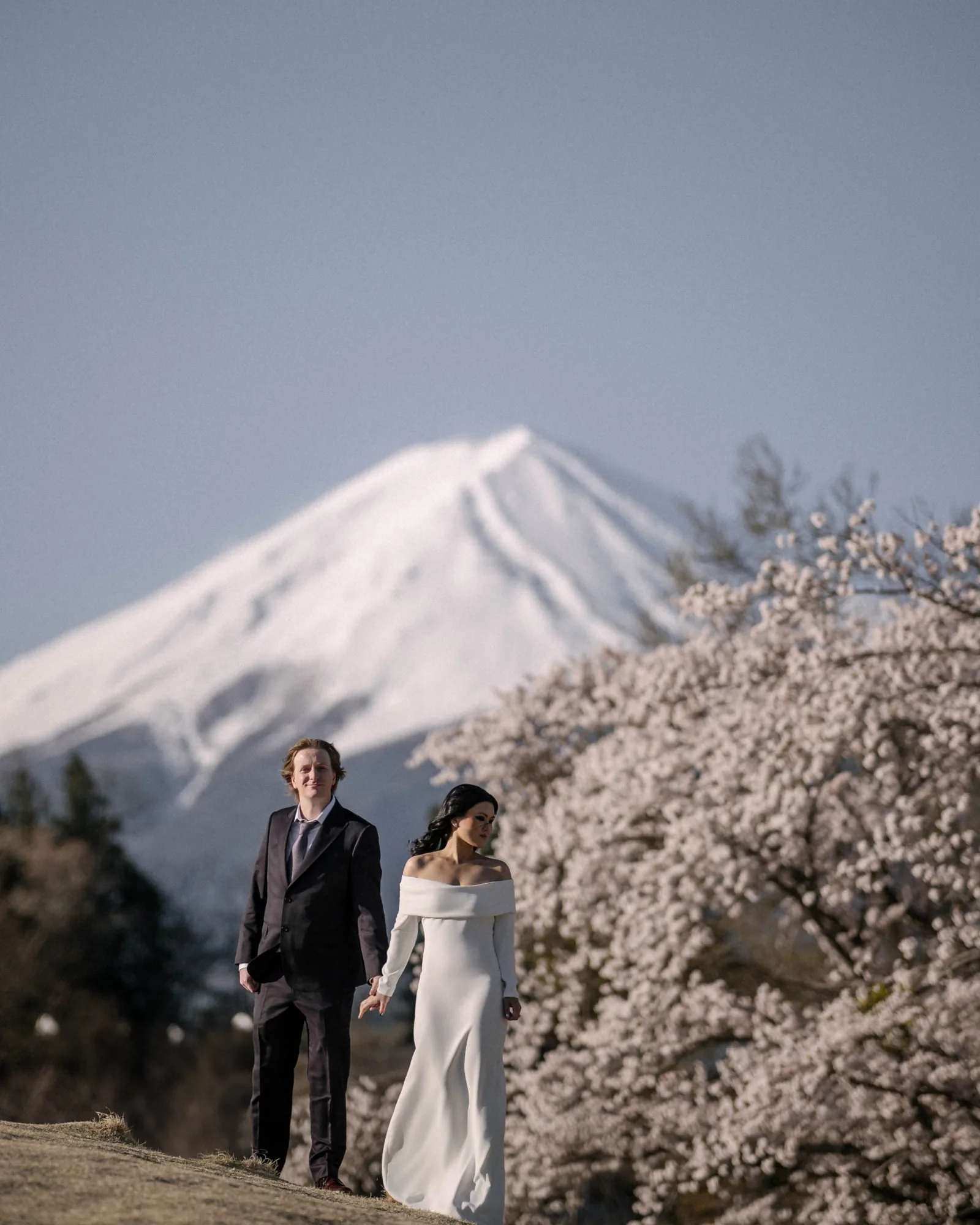 A couple walk hand in hand past a cherry tree in bloom, snow-capped Mt Fuji behind them.