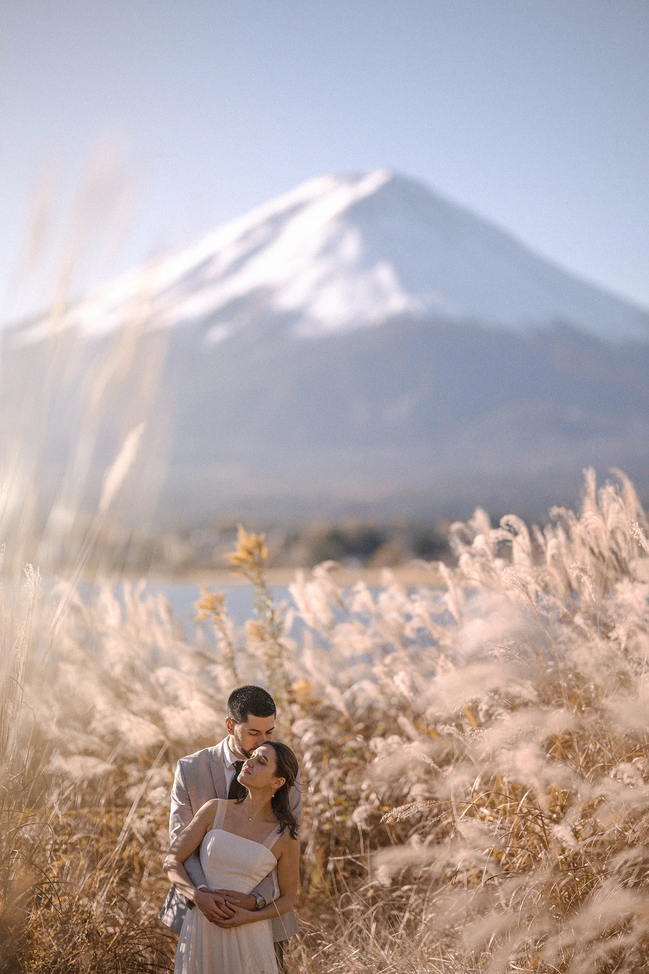 A couple embrace in tall silver grass, snow-capped Mt Fuji rising behind them.