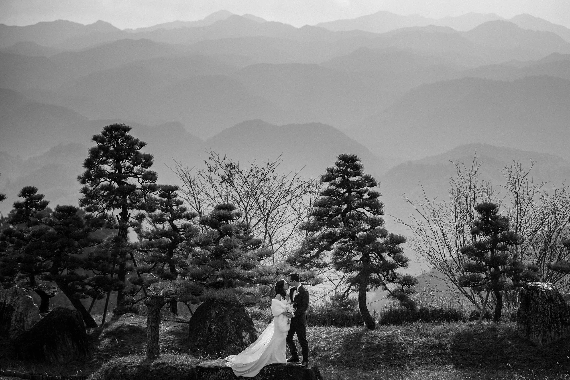 The couple stand in a pine garden with layered mountains behind them in Nara, in black and white.