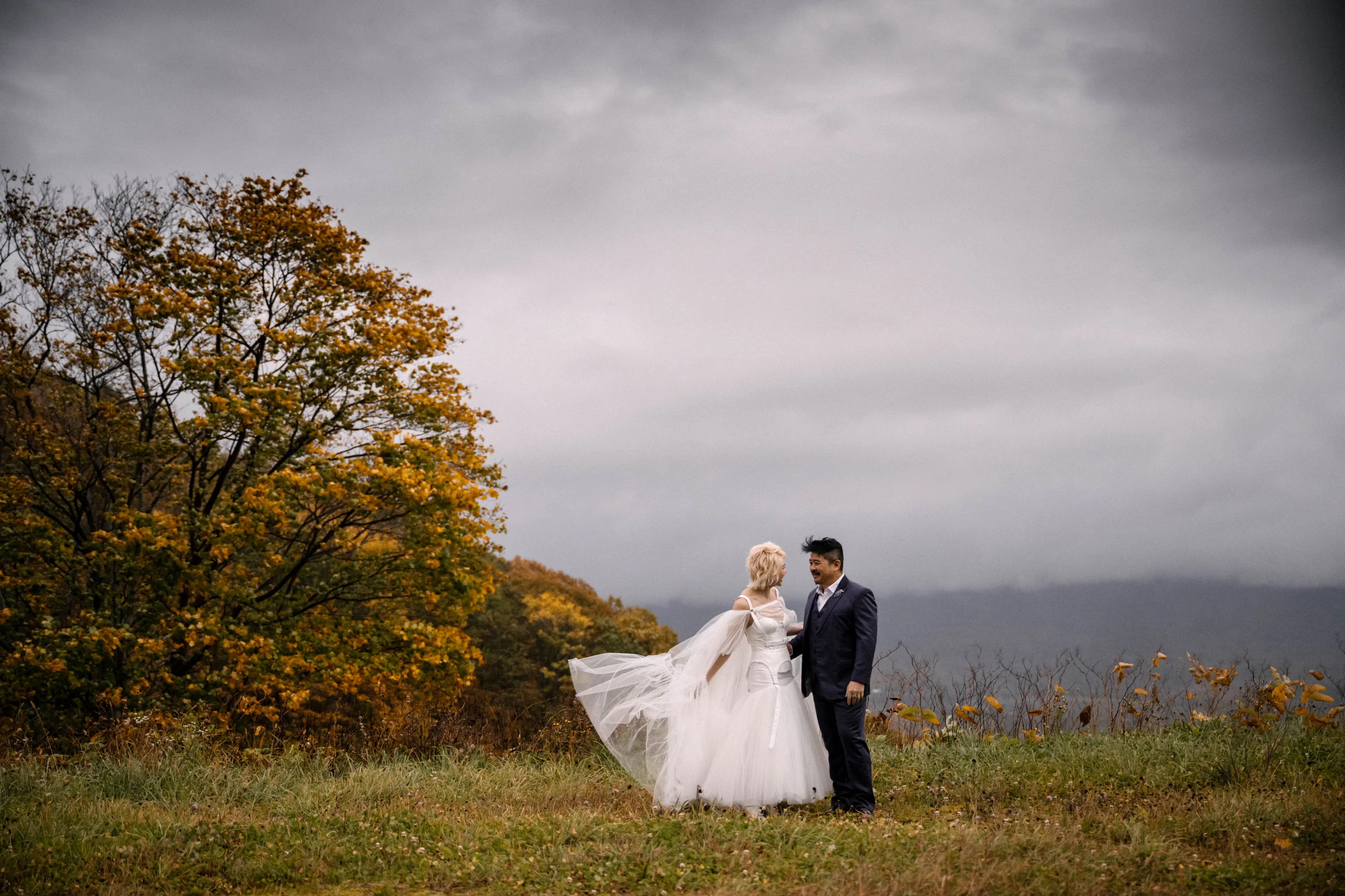 The bride's cape lifts in the wind as the couple stand in long autumn grass below a golden tree, the hills under a gray sky.