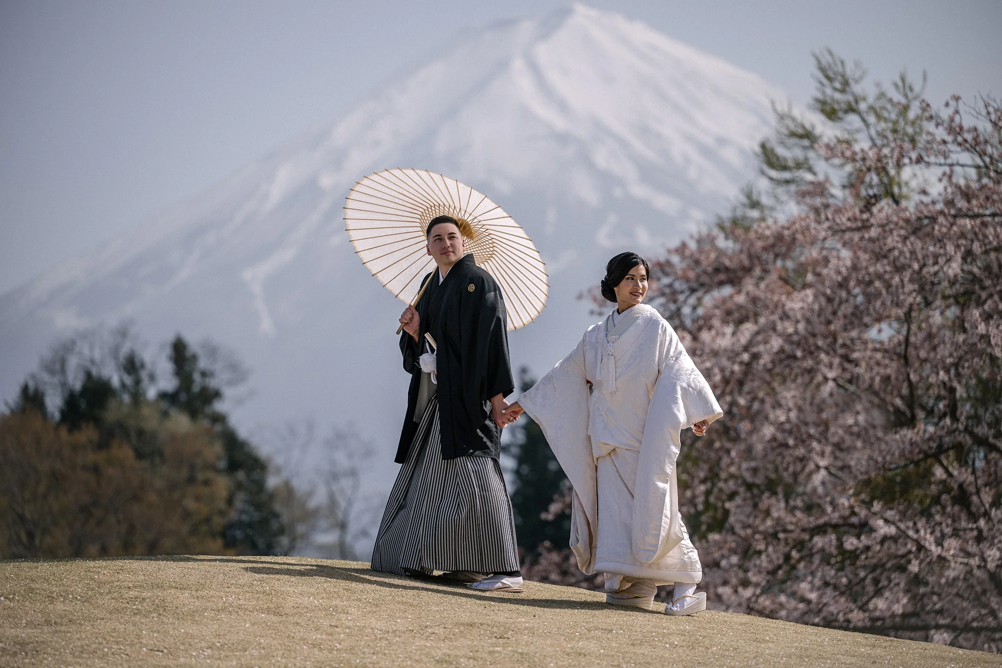A bride in shiromuku and a groom in montsuki under a paper umbrella, cherry blossom and Mt Fuji behind.